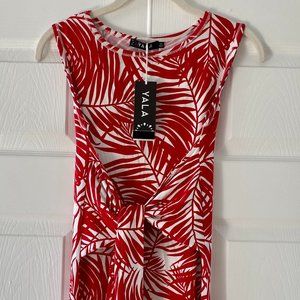 YALA Bamboo Red Palm Tie Midi Dress. Size XS, NWT.